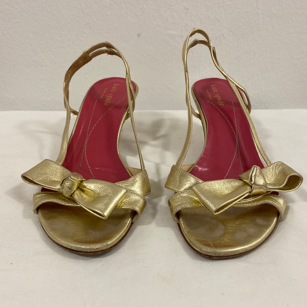 Kate Spade NY, gold, leather sling ack heels, short 1 in heel; size 7